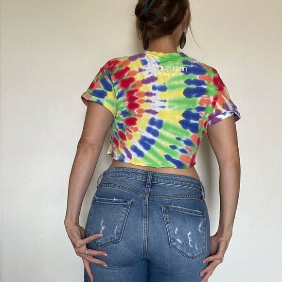 Calvin Klein Rainbow Crop Top Tie Dye Athleisure XS Oversized - Picture 6 of 12